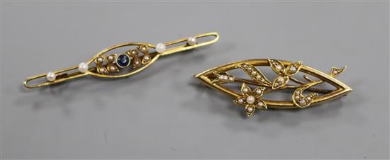Two early 20th century 15ct gold and gem set bar brooches.